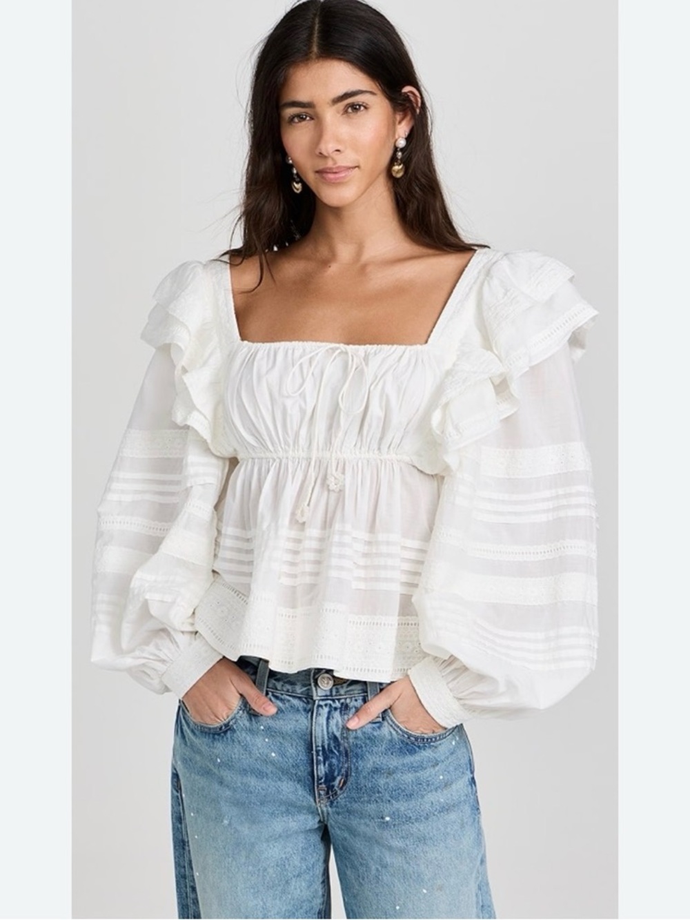 FARM Rio Creamy White Ruffled Square-Neck Peasant Blouse